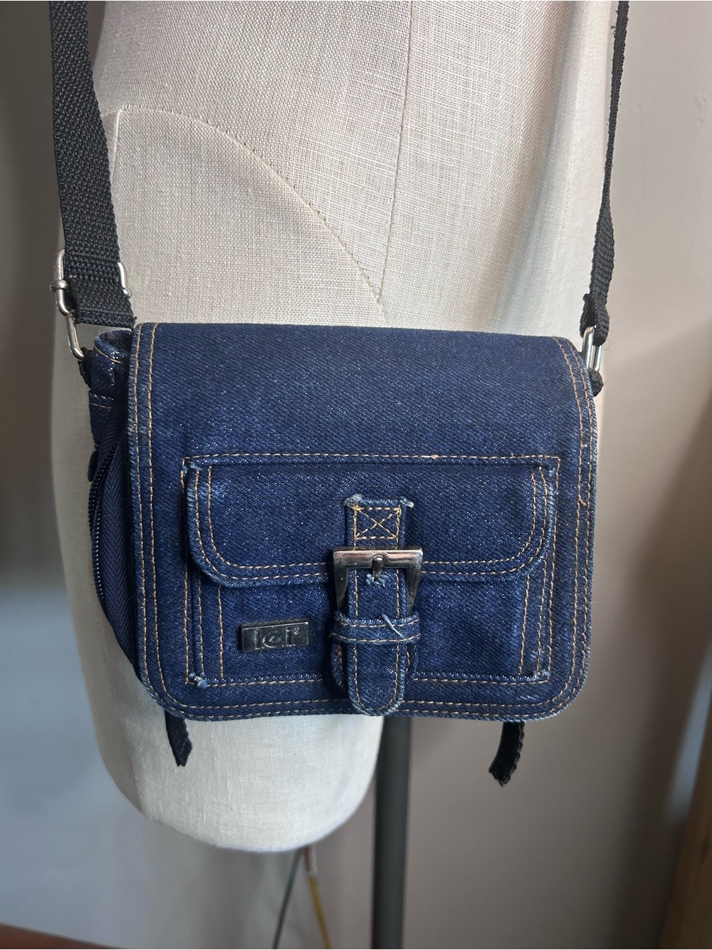 lei Dark Blue Denim Crossbody Bag with Black Strap